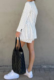 White Casual Striped Pocket Without Belt Turn-back Collar Long Sleeve Blazer and Shorts Two Pieces Suits Sets