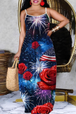 Blue Figure Floral Print Sleeveless Backless Spaghetti Strap Floor Length Casual Outing Straight Loose Maxi Slip Dress