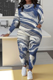 Black Grey Casual Abstract Print Round Neck Long Sleeve T-shirt and Pencil Pants Two Pieces Matching Sets
