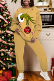 Army Green Christmas Casual Print Round Neck Long Sleeve Sweatshirt and Sweatpants Fall Winter Two Pieces Sweatsuit Sets