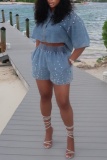 Light Blue Loose Casual Rhinestone Patchwork Elastic High Waist Denim Shorts