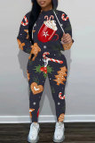 Black Christmas Casual Print Hooded Long Sleeve Sweatshirts and Sweatpants Fall Winter Two Pieces Sweatsuits Sets