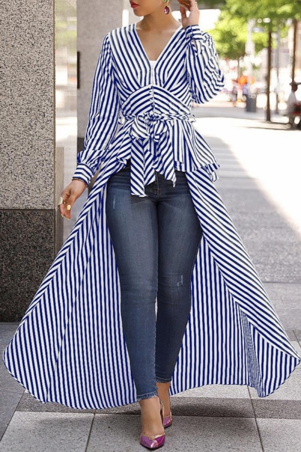 Red Casual Striped Print Lace Up Tie-front V Neck Long Sleeve High Low Tops Shirts