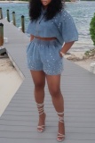 Light Blue Loose Casual Rhinestone Patchwork Elastic High Waist Denim Shorts