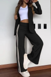 White Office Lady Stripe Turn-back Collar Long Sleeve Blazer and Slit Wide Leg Pants Two Pieces Suit Sets
