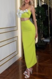 Green Skinny Party Club Formal Flowers Decor Backless Slit Spaghetti Strap Sleeveless Cami Tops and Long Wrap Skirts Two Pieces Dress Sets