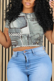 Blue Plus Size Skinny Casual Faux Denim Print Round Neck Short Sleeve T-Shirts Tees