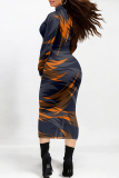 Orange Red Geometric Gradient Print Mock Neck Long Sleeve Casual Outin Vacation Bodycon Pencil Maxi Dress