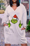 Yellow Green Cartoon Print V Neck Long Sleeve Casual Outing Christmas Straight Loose T Shirt Midi Dress