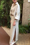 White Loose Vacation Casual With Belt Turndown Collar Three Quarter Flare Sleeve Shirts and Long Slit Skirts Two Pieces Dress Sets