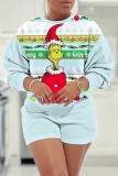 Green Christmas Grinch Print Round Neck Long Sleeve Sweatshirt and Shorts Two Pieces Matching Sets