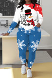 White Blue Christmas Casual Snowman Round Neck Long Sleeve Sweatshirt and Sweatpant Fall Winter Two Pieces Sweatsuits Sets