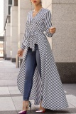 Red Casual Striped Print Lace Up Tie-front V Neck Long Sleeve High Low Tops Shirts