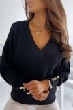 Red Loose Casual V Neck Button Up Long Sleeve Fall Winter Tops Blouses