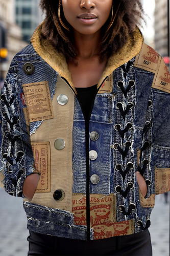Blue Khaki Casual Faux Denim Print Zipper Hooded Long Sleeve Fall Winter Padded Outerwear Coats
