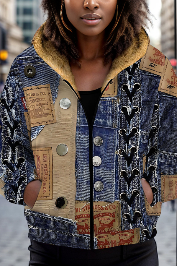Blue Khaki Casual Faux Denim Print Zipper Hooded Long Sleeve Fall Winter Padded Outerwear Coats