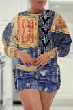 Green Casual Faux Denim Print Round Neck Long Sleeve Sweatshirt and Shorts Two Pieces Matching Sets