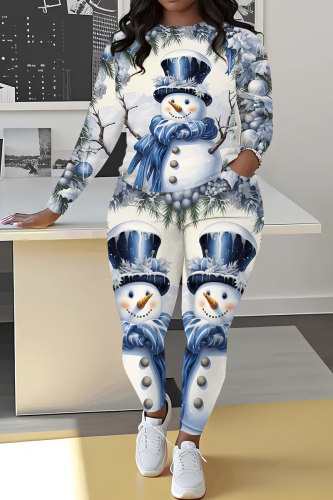 White Blue Christmas Casual Snowman Round Neck Long Sleeve Sweatshirt and Sweatpant Fall Winter Two Pieces Sweatsuits Sets