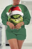 Green Christmas Grinch Print Round Neck Long Sleeve Sweatshirt and Shorts Two Pieces Matching Sets
