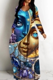 Blue Gold Figure Floral Print V Neck Long Sleeve Floor Length Casual Outing Straight Vacation Loose Maxi Dress