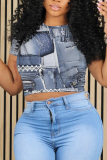 Blue Plus Size Skinny Casual Faux Denim Print Round Neck Short Sleeve T-Shirts Tees