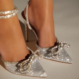 White Party Celebrities Formal Bow Rhinestone Decor Pointed Thin High Heel Shoes Sandals (Heel Height 4.53in)