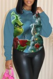 Black Christmas Cartoon Grinch Print Round Neck Long Sleeve Fall Winter Tops Sweatshirts
