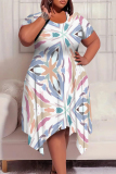 Light Blue Tie Dye Striped Pritn O Neck Short Sleeve Pocket Irregular Hem Casual Outing Plus Size Straight Loose Midi Dress