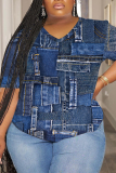Blue Plus Size Casual Faux Denim Print V Neck Short Sleeve T-Shirts Tees
