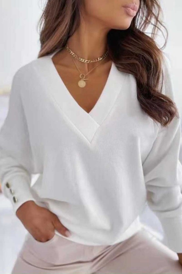 Red Loose Casual V Neck Button Up Long Sleeve Fall Winter Tops Blouses