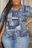 Blue Plus Size Casual Faux Denim Print V Neck Short Sleeve T-Shirts Tees