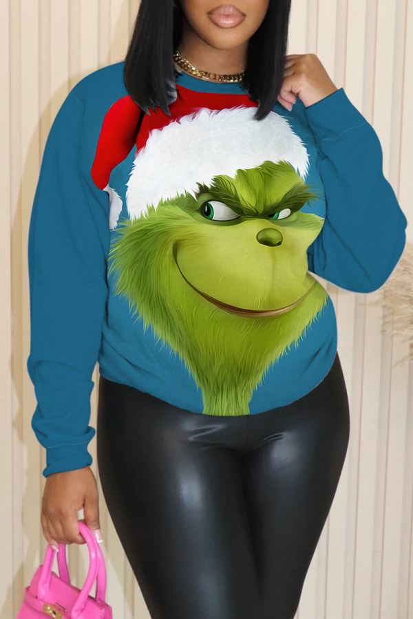 Black Christmas Cartoon Grinch Print Round Neck Long Sleeve Fall Winter Tops Sweatshirts