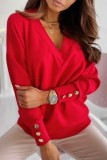 Red Loose Casual V Neck Button Up Long Sleeve Fall Winter Tops Blouses