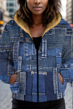 Blue Khaki Casual Faux Denim Print Zipper Hooded Long Sleeve Fall Winter Padded Outerwear Coats