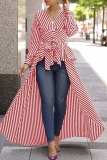 Red Casual Striped Print Lace Up Tie-front V Neck Long Sleeve High Low Tops Shirts