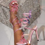 Orange Party Club Celebrities Slip-on Rhinestone Butterfly Square Thin High Heel Shoes Sandals(Heel Height 4.13in)
