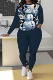 White Blue Christmas Casual Snowman Round Neck Long Sleeve Sweatshirt and Sweatpant Fall Winter Two Pieces Sweatsuits Sets