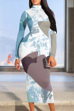 Orange Red Geometric Gradient Print Mock Neck Long Sleeve Casual Outin Vacation Bodycon Pencil Maxi Dress