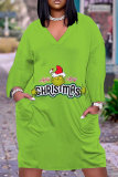 Yellow Green Cartoon Print V Neck Long Sleeve Casual Outing Christmas Straight Loose T Shirt Midi Dress