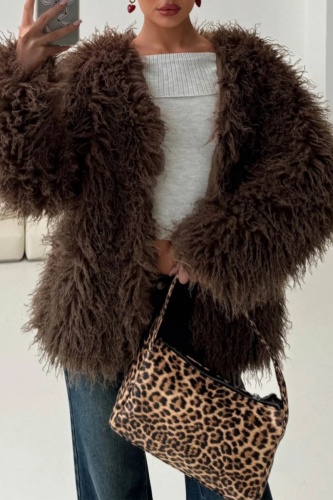 Brown Casual Faux Fur Long Sleeve Fall Winter Cardigan Outerwear Overcoats