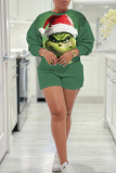 Green Christmas Grinch Print Round Neck Long Sleeve Sweatshirt and Shorts Two Pieces Matching Sets