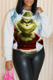Black Christmas Cartoon Grinch Print Round Neck Long Sleeve Fall Winter Tops Sweatshirts