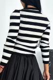 Black White Casual Stripe Weave Contrast Button up V Neck Long Sleeve Knitted Outerwear Cardigan Coats Tops