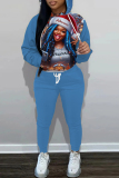 Brown Christmas Casual Girl Print Hooded Long Sleeve Sweatshirt and Drawstring Sweatpants Two Pieces Sweatsuit Sets