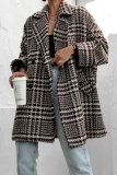 Black Woolen Houndstooth Casual Cardigan Turndown Collar Long Sleeve Fall Winter Outerwear Blazer Coats