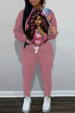 Brown Christmas Casual Girl Print Hooded Long Sleeve Sweatshirt and Drawstring Sweatpants Two Pieces Sweatsuit Sets