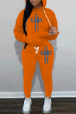 Brown Sportwear Casual Letter Print Hooded Long Sleeve Sweatshirt and Drawstring Sweatpants Two Pieces Sweatsuit Sets