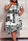 Light Blue Tie Dye Striped Pritn O Neck Short Sleeve Pocket Irregular Hem Casual Outing Plus Size Straight Loose Midi Dress