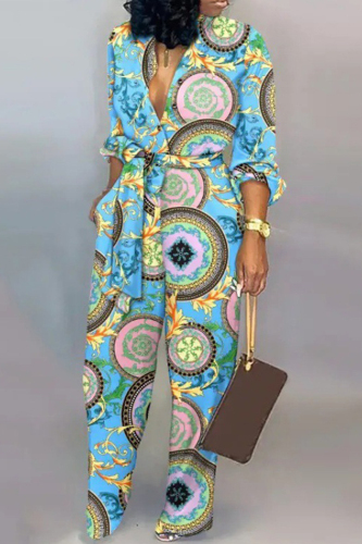 Sky Blue Casual Abstract Stripe Button up Strap Design Belted Turndown Collar Long Sleeve Wide Leg Jumpsuits