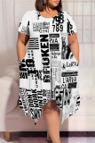 Light Blue Tie Dye Striped Pritn O Neck Short Sleeve Pocket Irregular Hem Casual Outing Plus Size Straight Loose Midi Dress